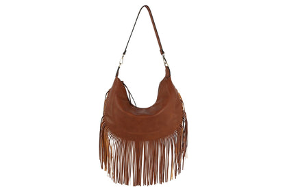 Brown fringe hobo bag turned to show its rounded saddle shape