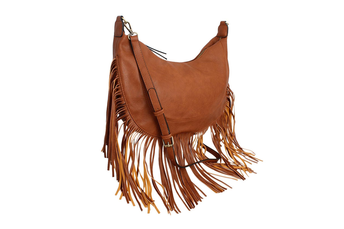 Brown fringe hobo bag with the detachable crossbody strap attached