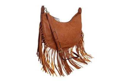 Brown fringe hobo bag with the detachable crossbody strap attached