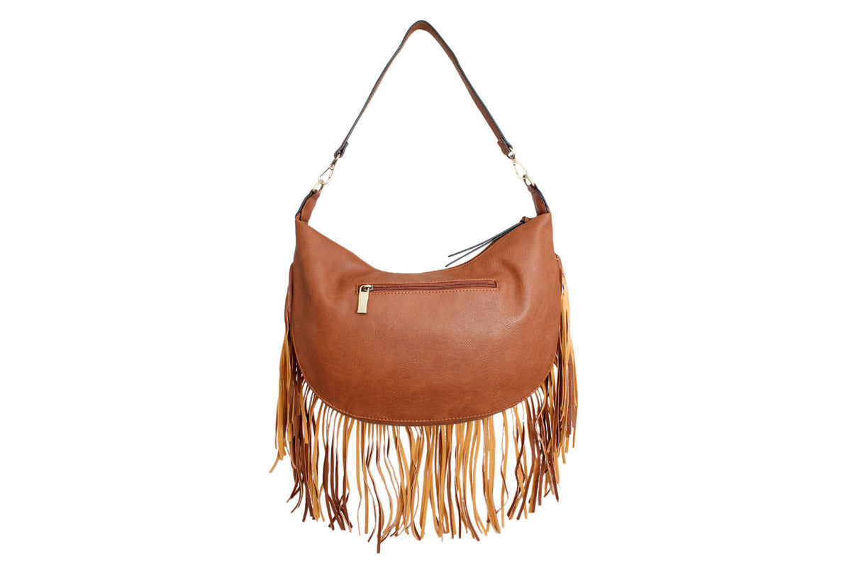 Back of the brown fringe hobo bag showing the zipper pocket