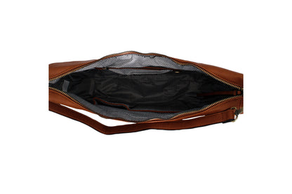 Inside view of the brown hobo bag with zipper opening and lining