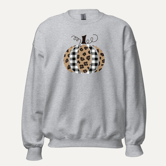Cheetah Pumpkin Unisex Long Sleeve Sweatshirt in Sport Grey, front view
