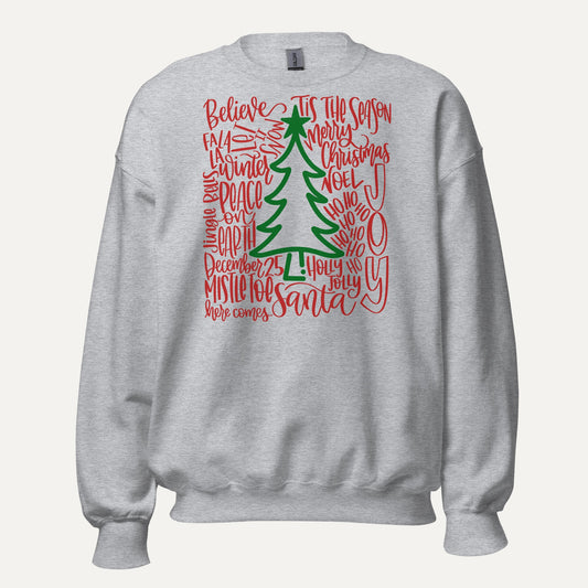 Christmas Tree Words Unisex Long Sleeve Sweatshirt in Sport Grey, front view