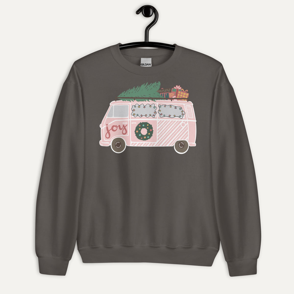 Christmas Van Joy Unisex Long Sleeve Sweatshirt in Charcoal, on hanger