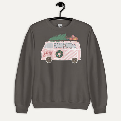 Christmas Van Joy Unisex Long Sleeve Sweatshirt in Charcoal, on hanger