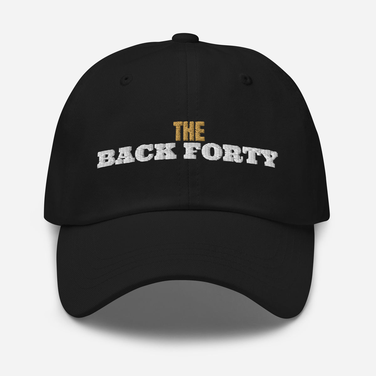 The Back Forty Embroidered Dad Hat in Black, front view