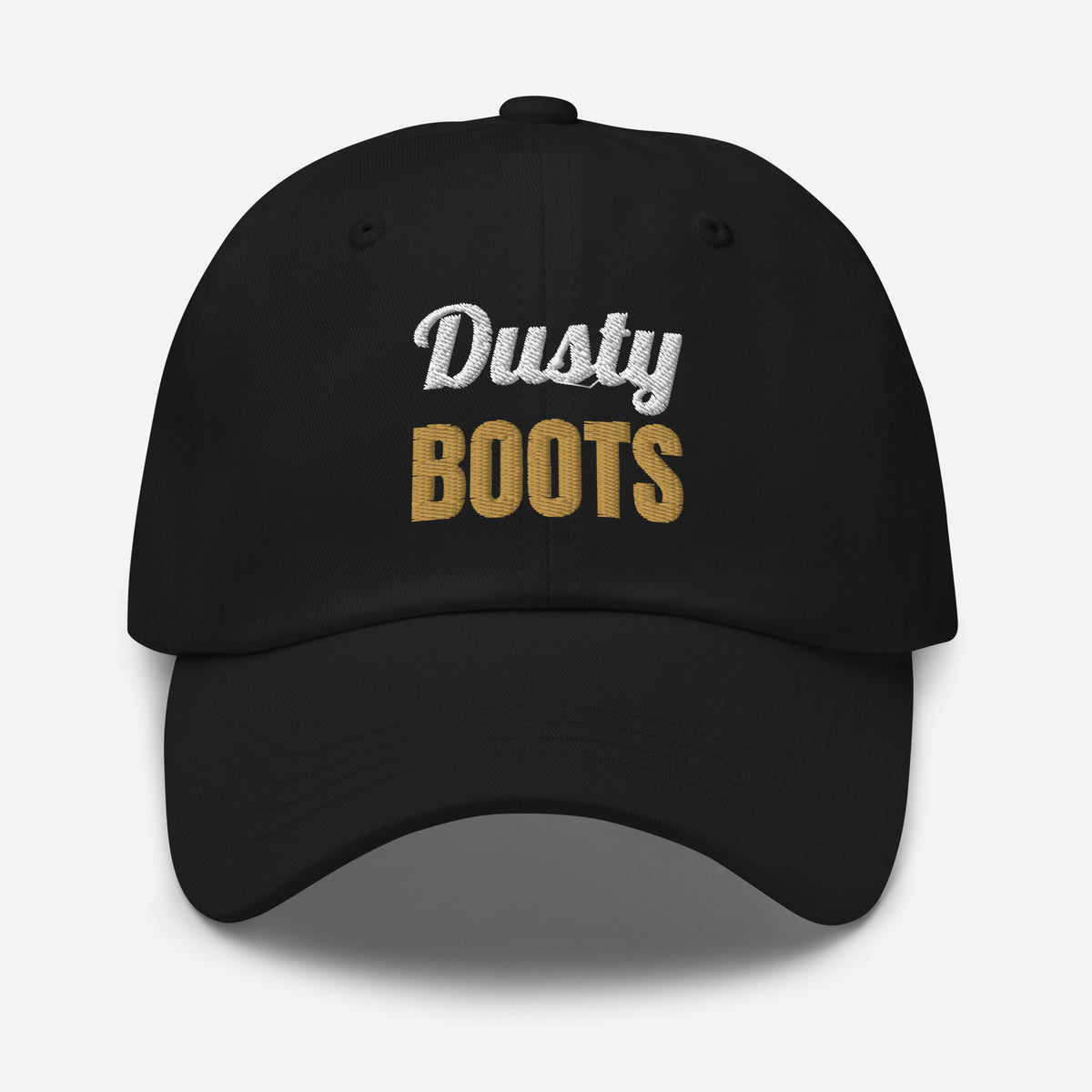 Dusty Boots Embroidered Dad Hat in Black, front view