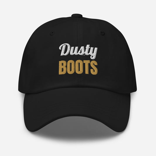 Dusty Boots Embroidered Dad Hat in Black, front view