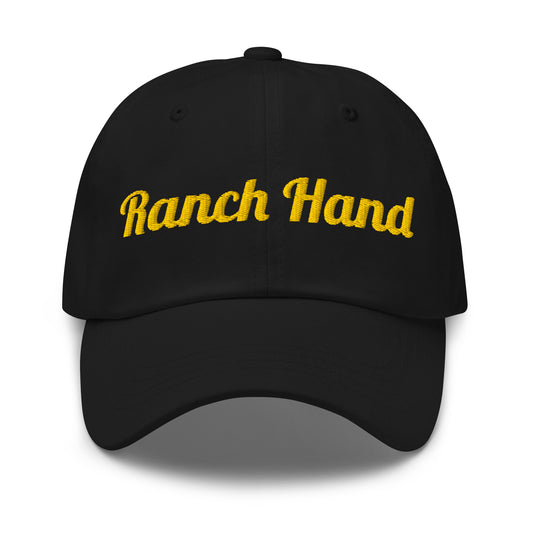 Ranch Hand embroidered dad hat in Black with gold embroidery, front view