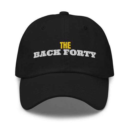 The Back Forty embroidered dad hat in Black with white and gold embroidery, front view