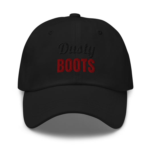 Dusty Boots embroidered dad hat in Black with maroon and black embroidery, front view