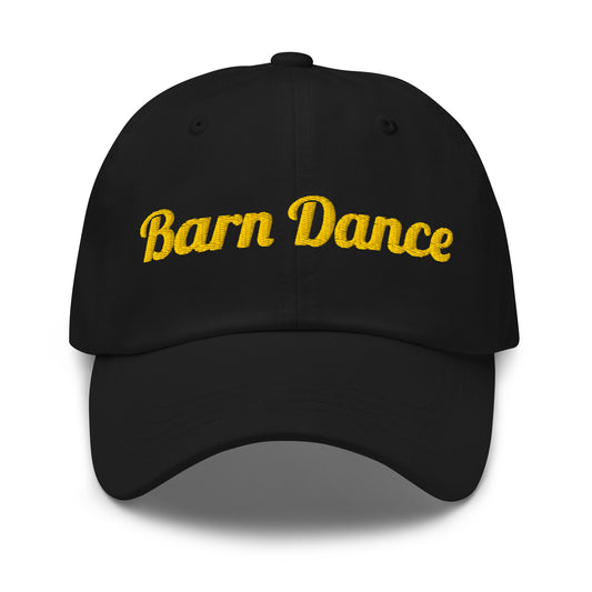 Barn Dance embroidered dad hat in Black with gold embroidery, front view