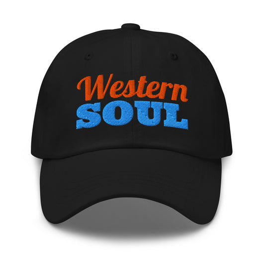 Western Soul embroidered dad hat in Black with aqua and orange embroidery, front view