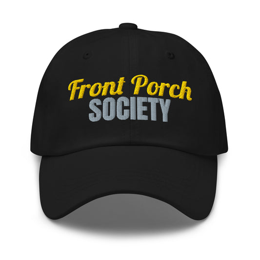 Front Porch Society embroidered dad hat in Black with grey and gold embroidery, front view