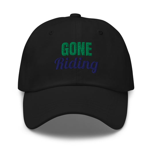Gone Riding embroidered dad hat in Black with kelly green and navy embroidery, front view
