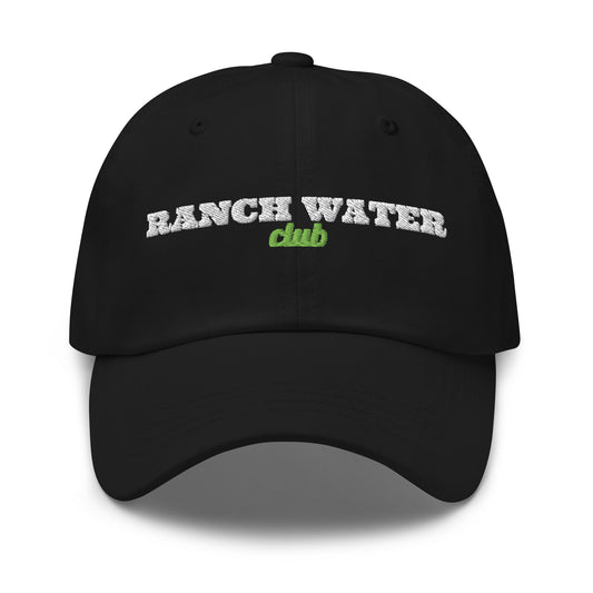 Ranch Water Club embroidered dad hat in Black with white and kiwi green embroidery, front view