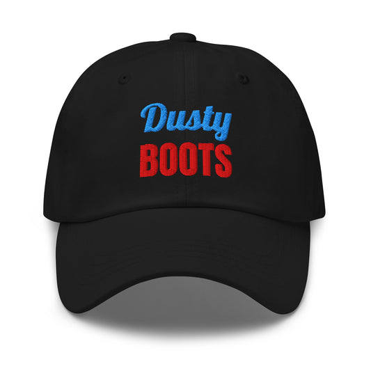 Dusty Boots Embroidered Dad Hat in Black, front view