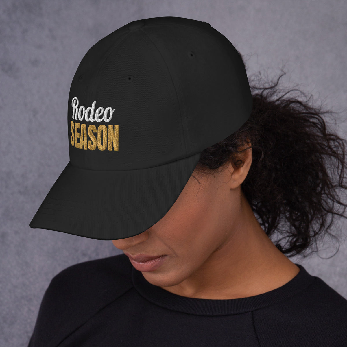 Rodeo Season Embroidered Dad Hat in Black, left side view