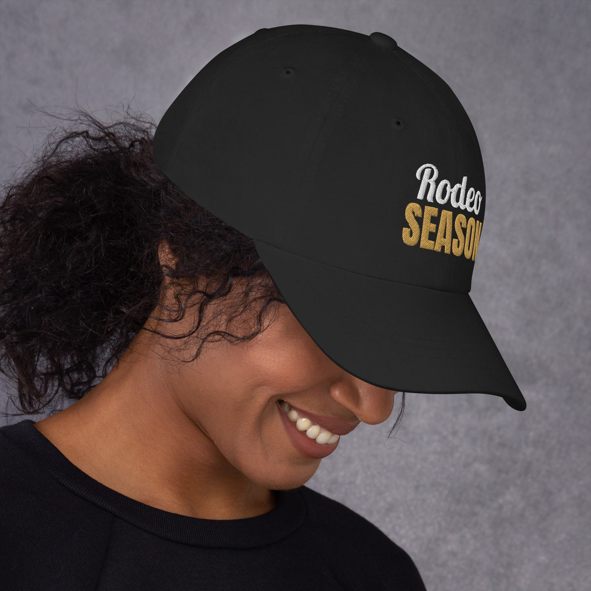 Rodeo Season Embroidered Dad Hat in Black, right side view