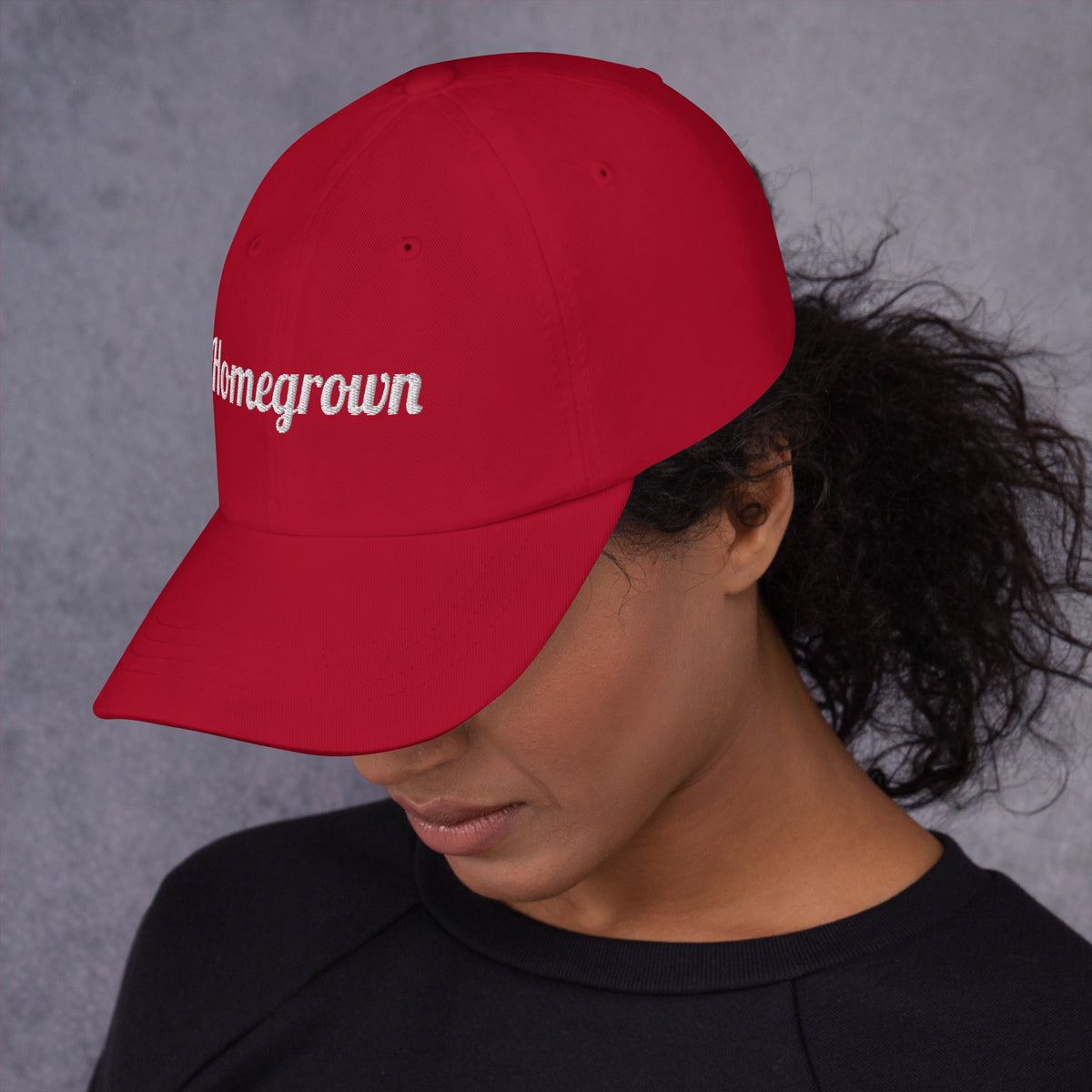 Homegrown Embroidered Dad Hat in Cranberry, left side view