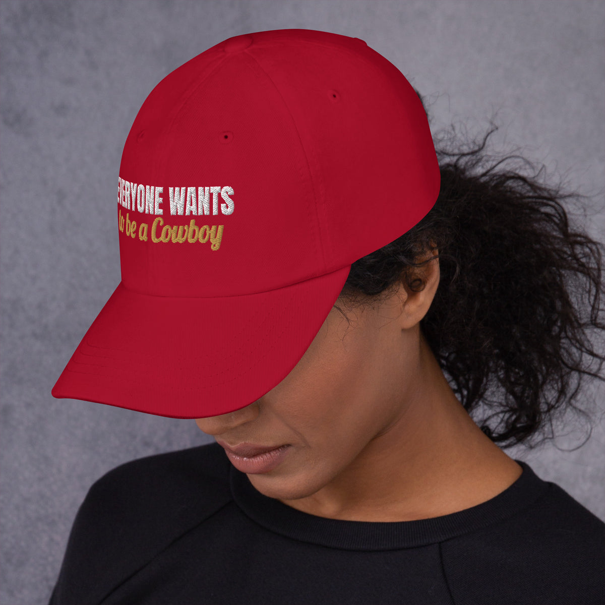 Everyone Wants To Be A Cowboy Embroidered Dad Hat in Cranberry, left side view