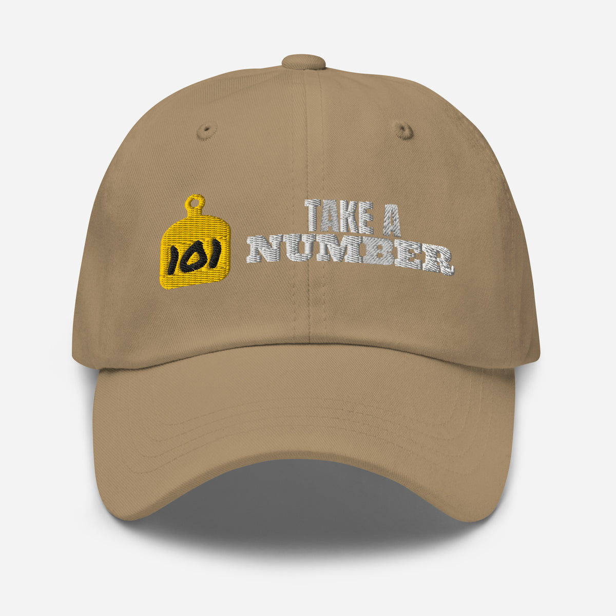 Take A Number Cow Tag Embroidered Dad Hat in Khaki, front view