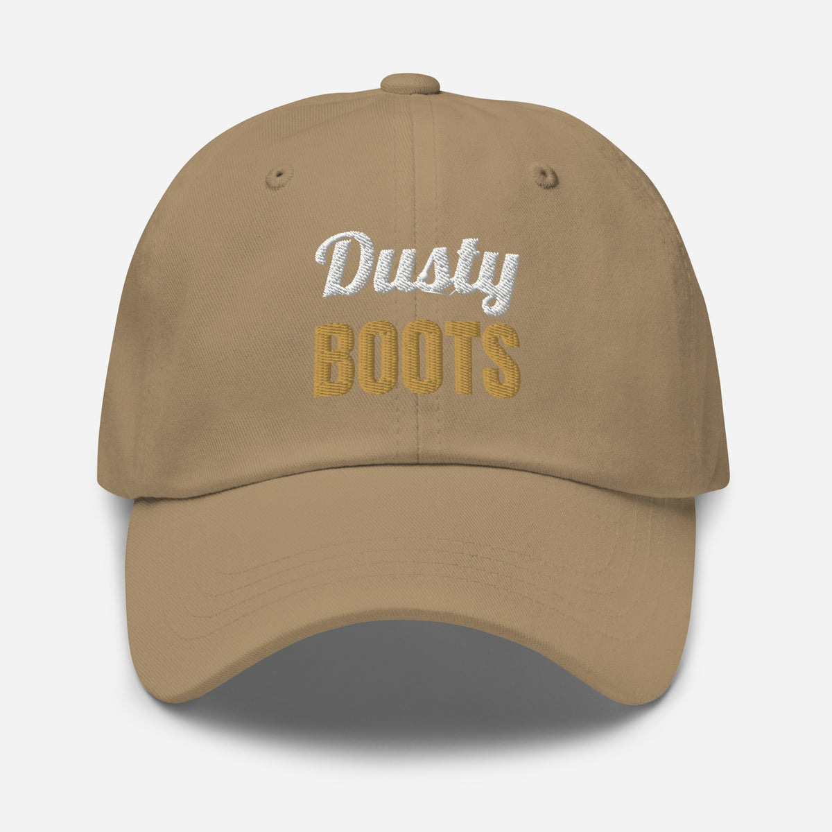 Dusty Boots Embroidered Dad Hat in Khaki, front view