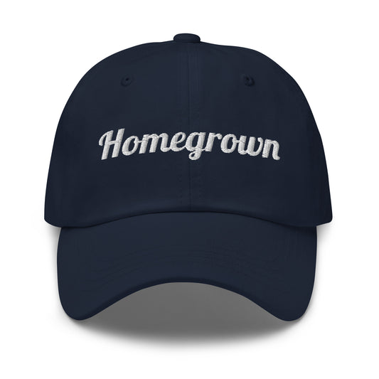 Homegrown embroidered dad hat in Navy with white embroidery, front view