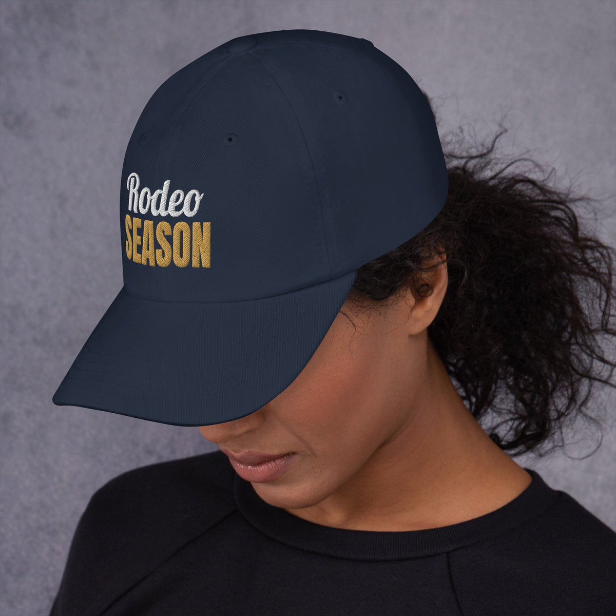 Rodeo Season Embroidered Dad Hat in Navy, left side view