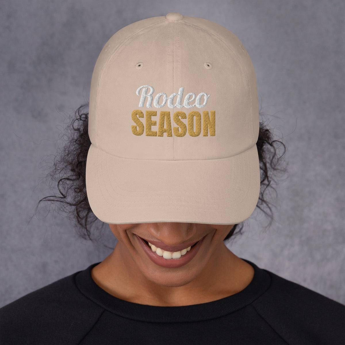 Rodeo Season Embroidered Dad Hat in Stone, front view