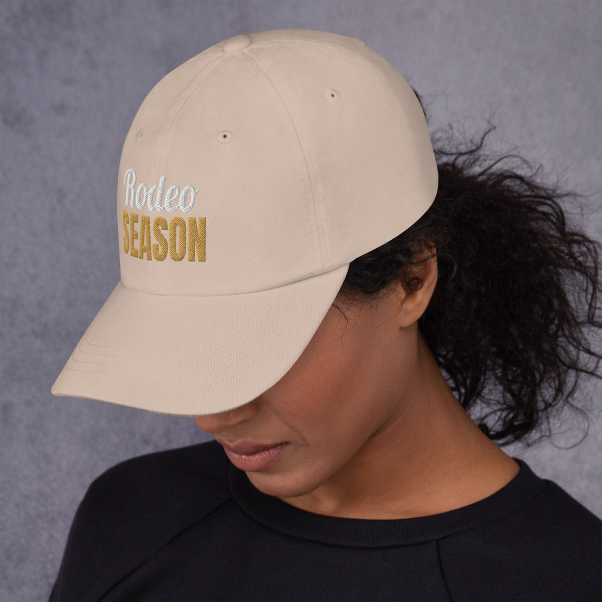 Rodeo Season Embroidered Dad Hat in Stone, left side view