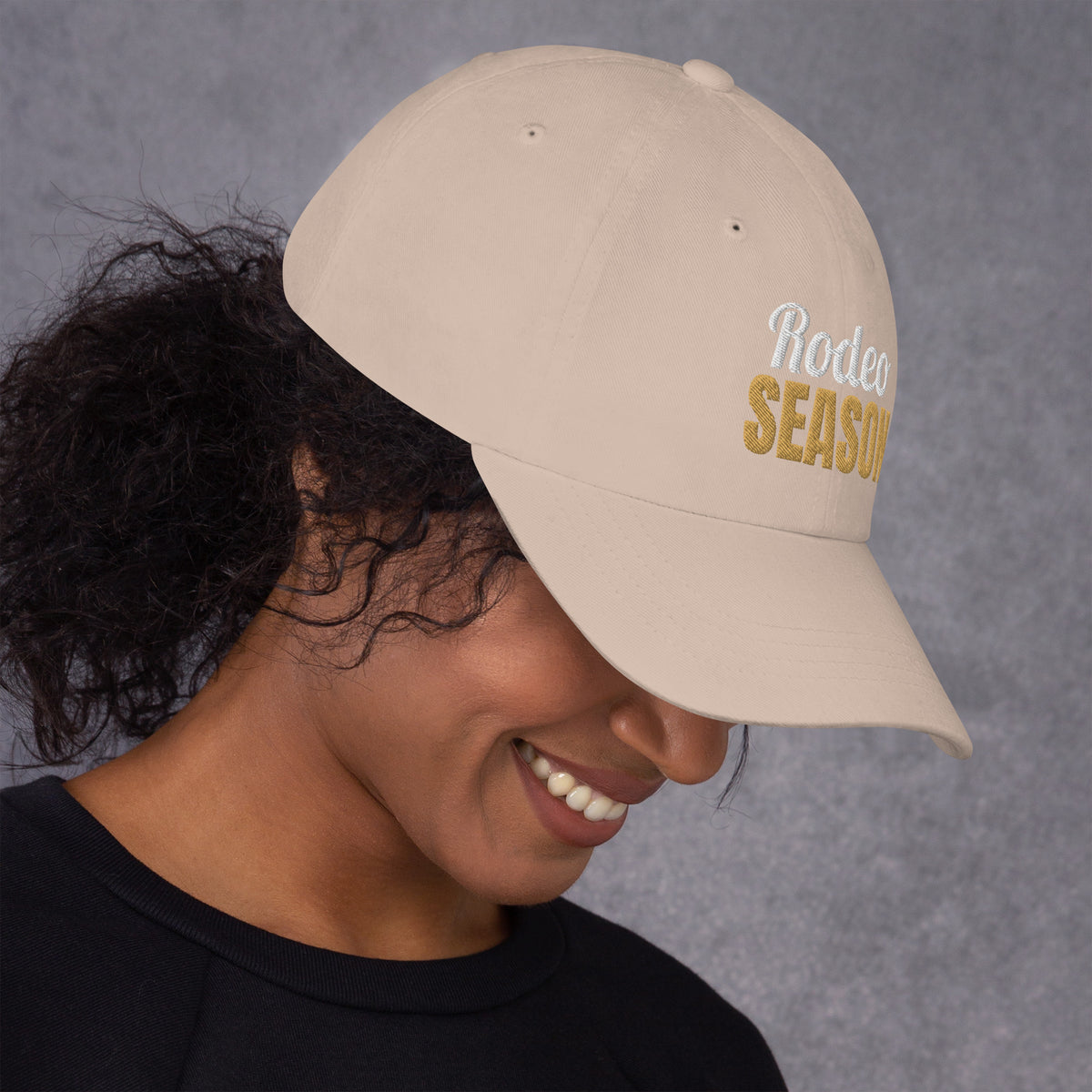 Rodeo Season Embroidered Dad Hat in Stone, right side view