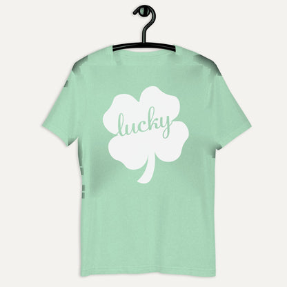 Clover Lucky Cutout Short Sleeve Tee in Heather Prism Mint, on hanger