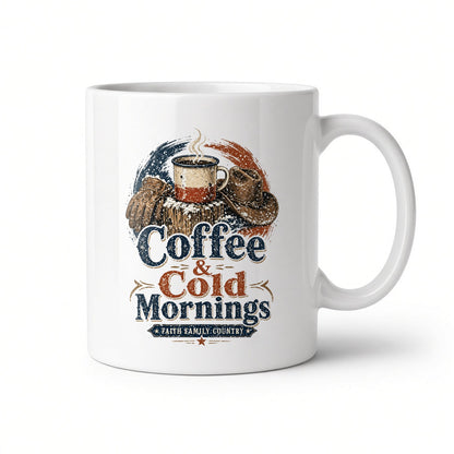 Coffee & Cold Mornings Faith Family Country white ceramic mug, handle on the right