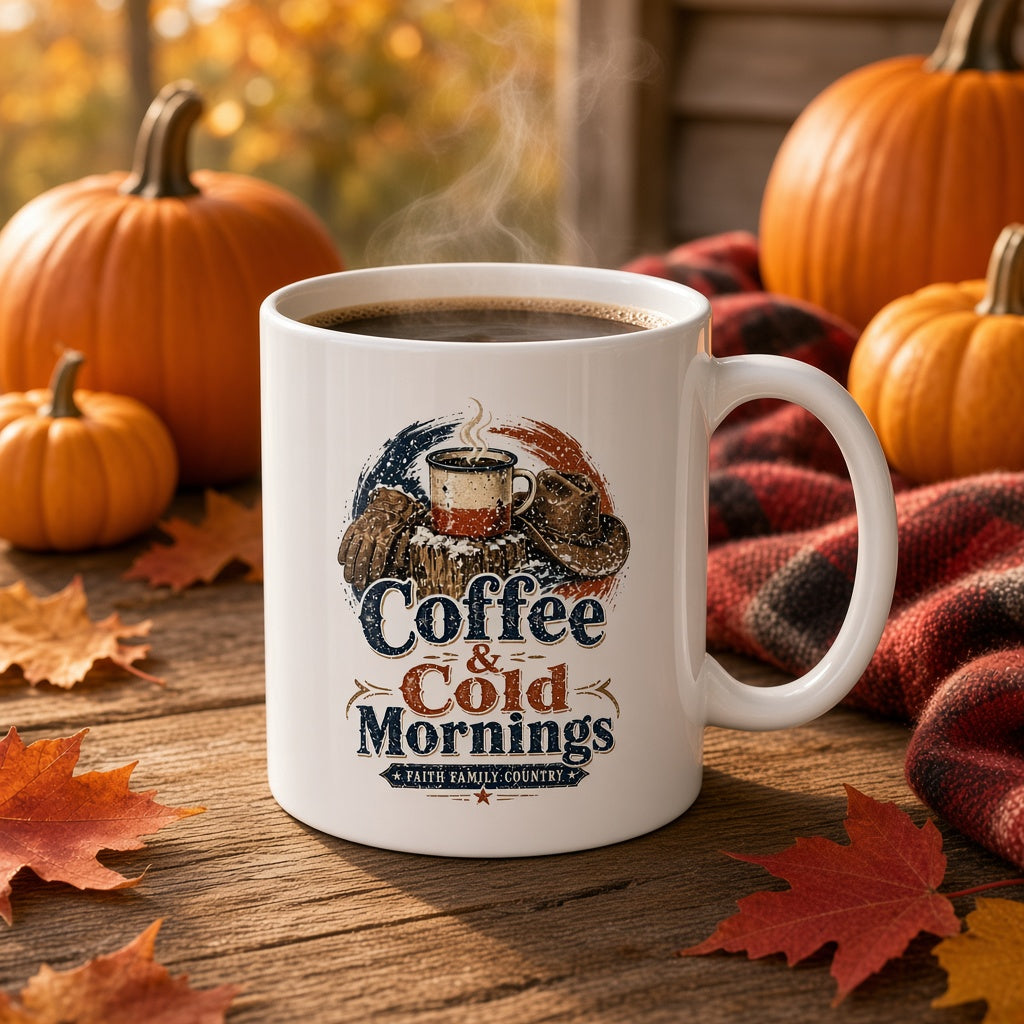 Coffee & Cold Mornings mug on a rustic table in a cozy fall setting