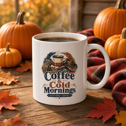 Coffee & Cold Mornings mug on a rustic table in a cozy fall setting