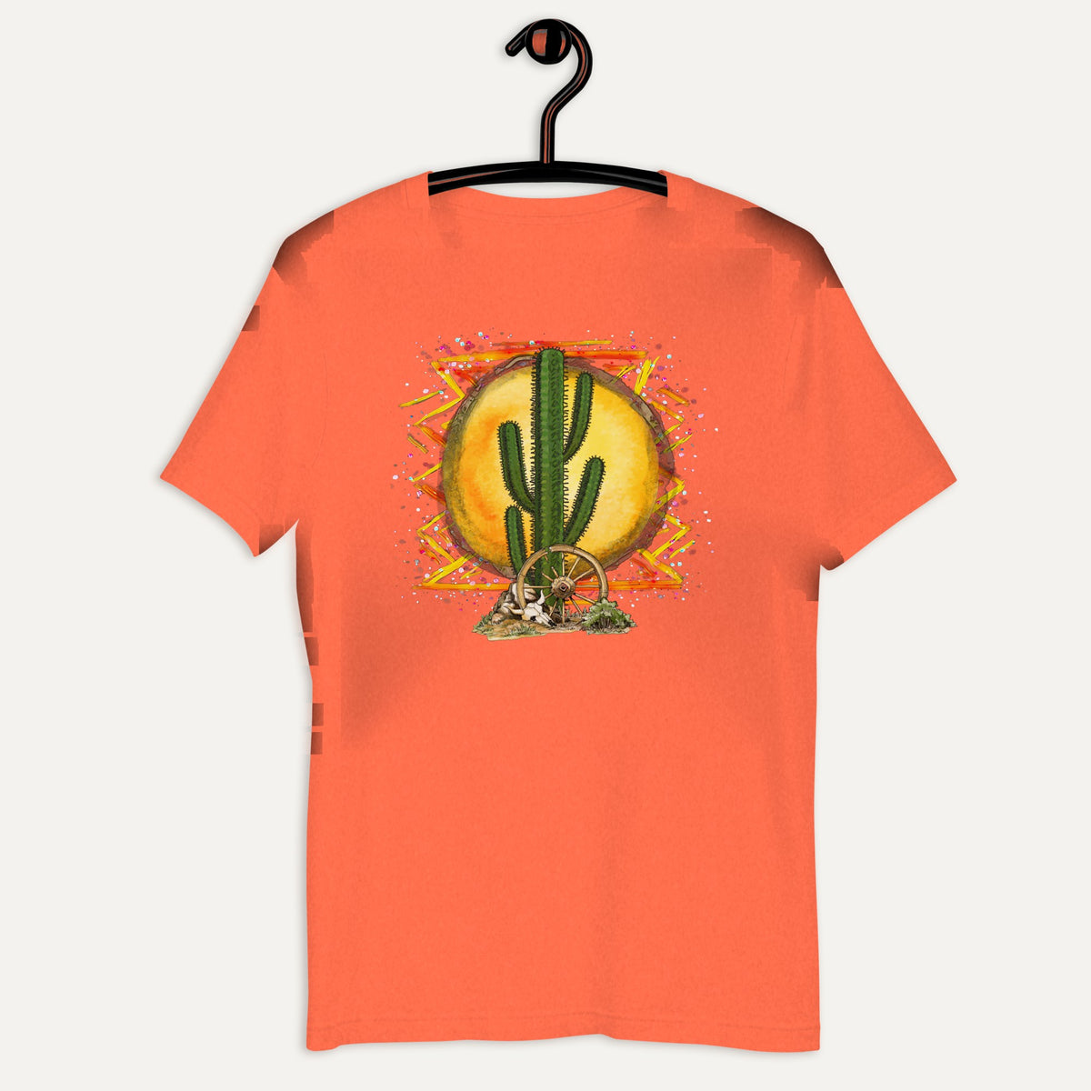 Colorful Desert Short Sleeve Tee in Heather Orange, on hanger