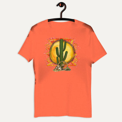 Colorful Desert Short Sleeve Tee in Heather Orange, on hanger