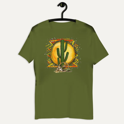Colorful Desert Short Sleeve Tee in Olive, on hanger