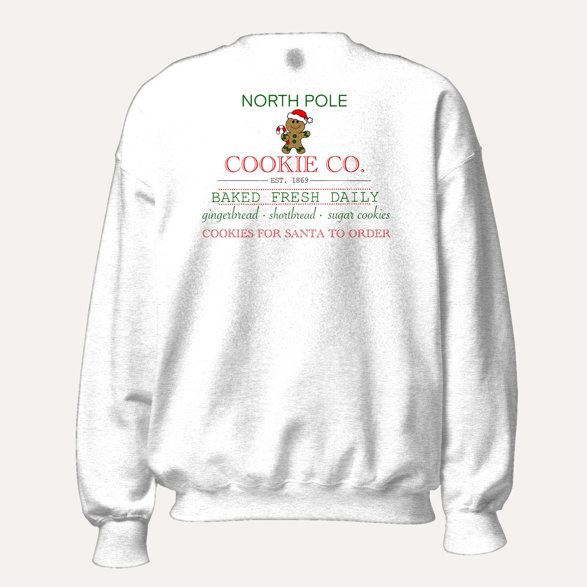 North Pole Cookie Co. Unisex Long Sleeve Sweatshirt in White, front view