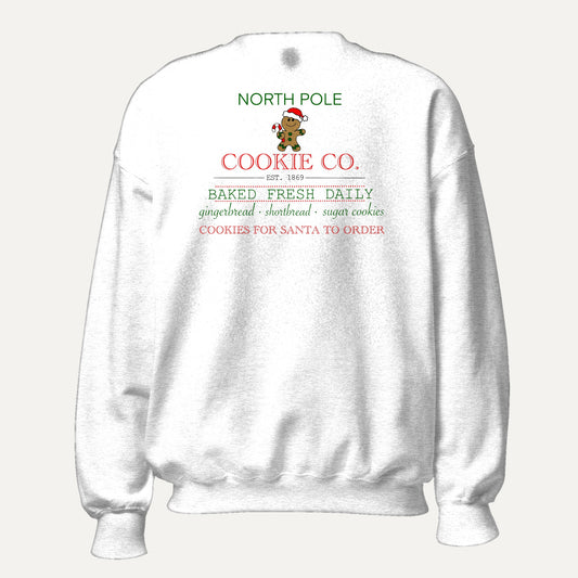 North Pole Cookie Co. Unisex Long Sleeve Sweatshirt in White, front view