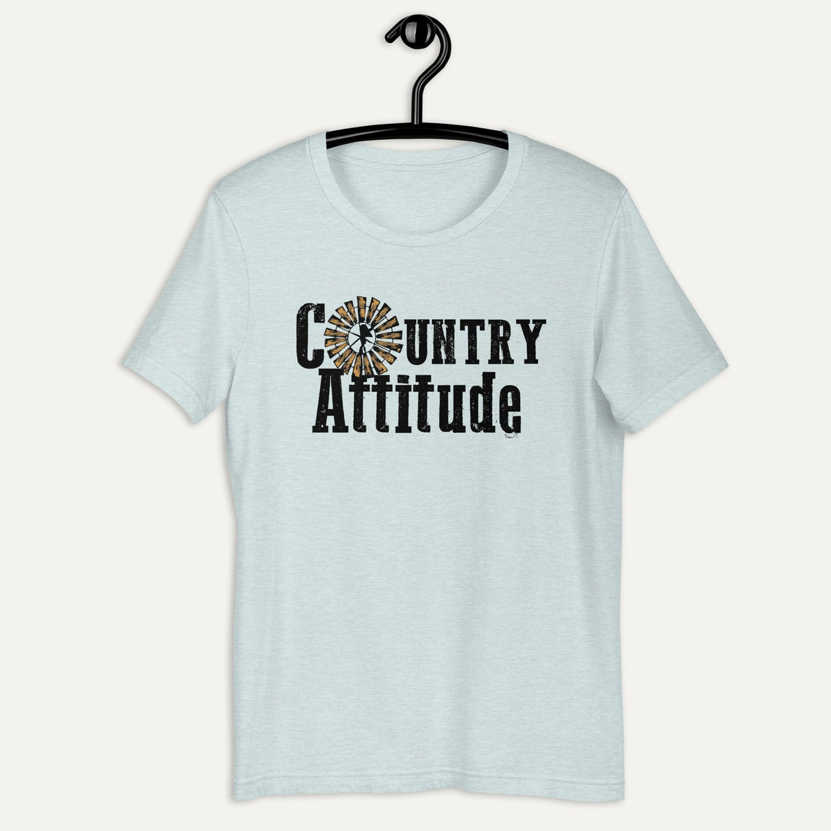 Country Attitude Short Sleeve Tee in Heather Prism Ice Blue, on hanger