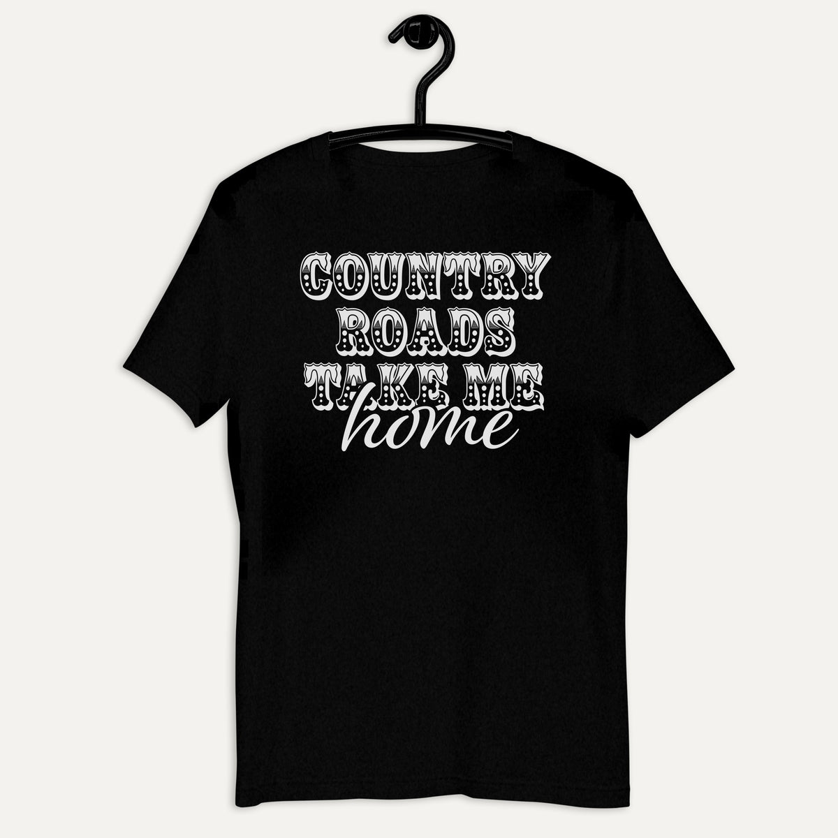 Country Roads Take Me Home Short Sleeve Tee in Black Heather, on hanger