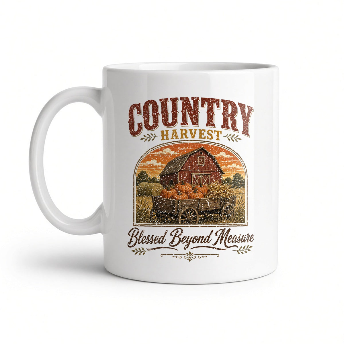 Country Harvest Blessed Beyond Measure white ceramic mug, handle on the left