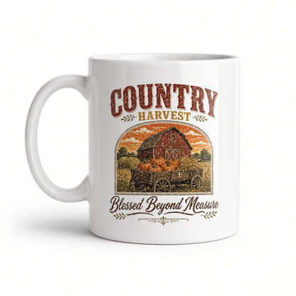 Country Harvest Blessed Beyond Measure white ceramic mug, handle on the left
