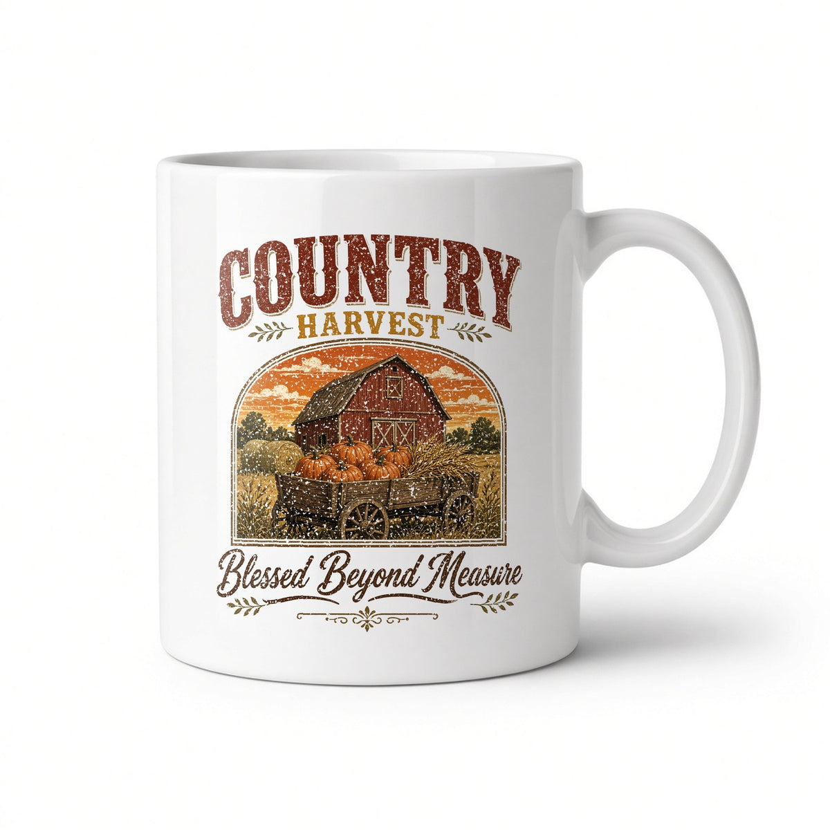 Country Harvest Blessed Beyond Measure white ceramic mug, handle on the right