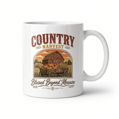 Country Harvest Blessed Beyond Measure white ceramic mug, handle on the right