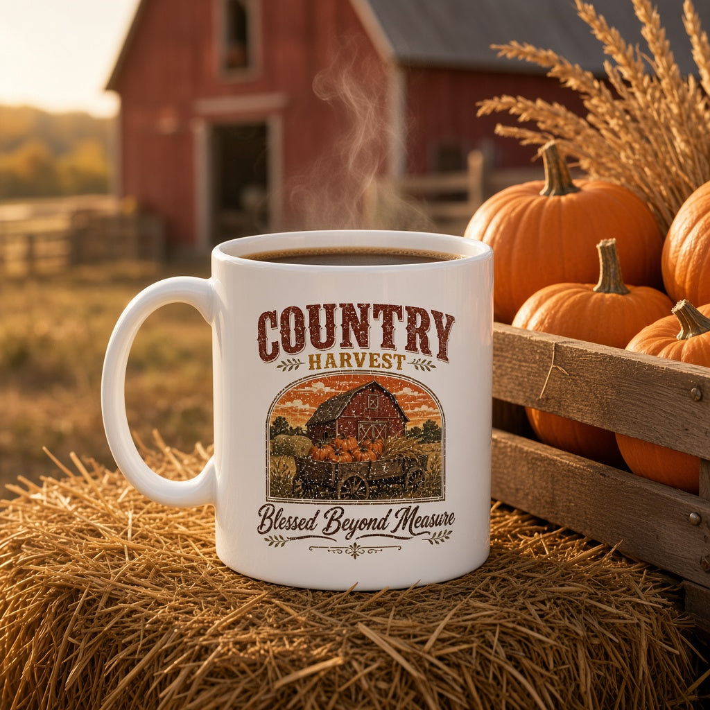 Country Harvest Blessed Beyond Measure mug on a rustic table in a cozy fall setting