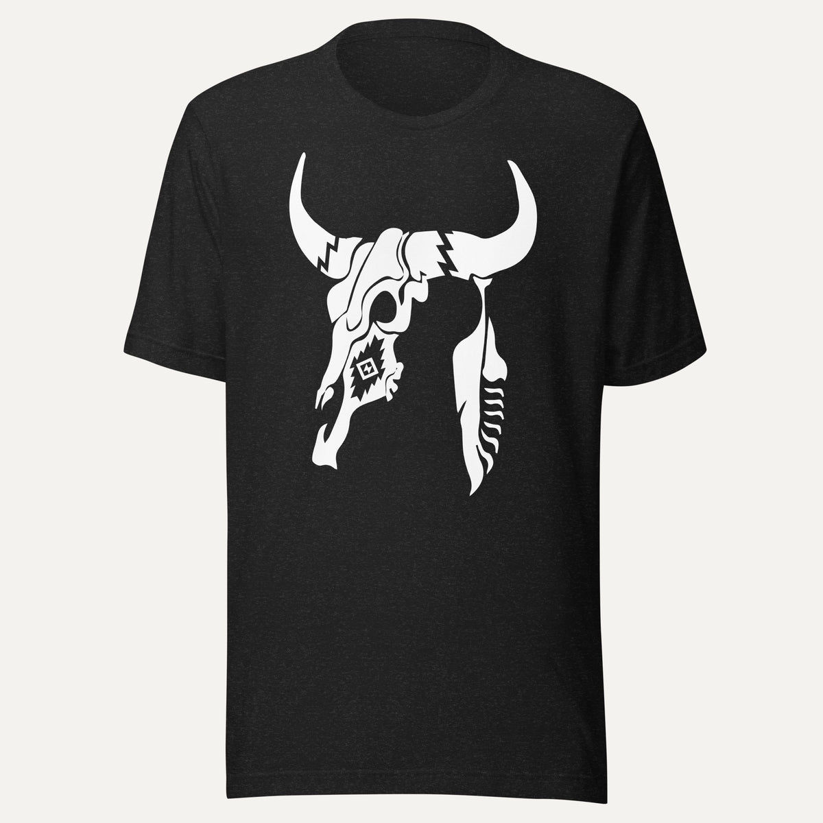 Cow Skull And Feather Short Sleeve Tee in Black Heather, front view