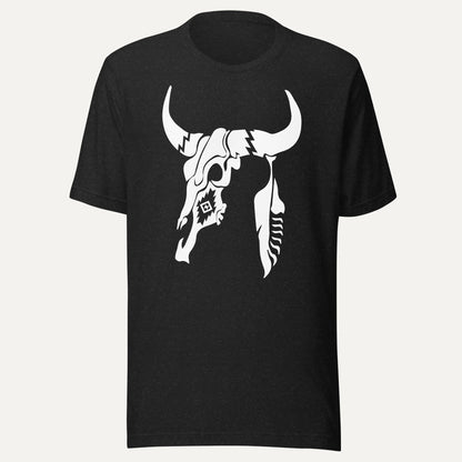 Cow Skull And Feather Short Sleeve Tee in Black Heather, front view
